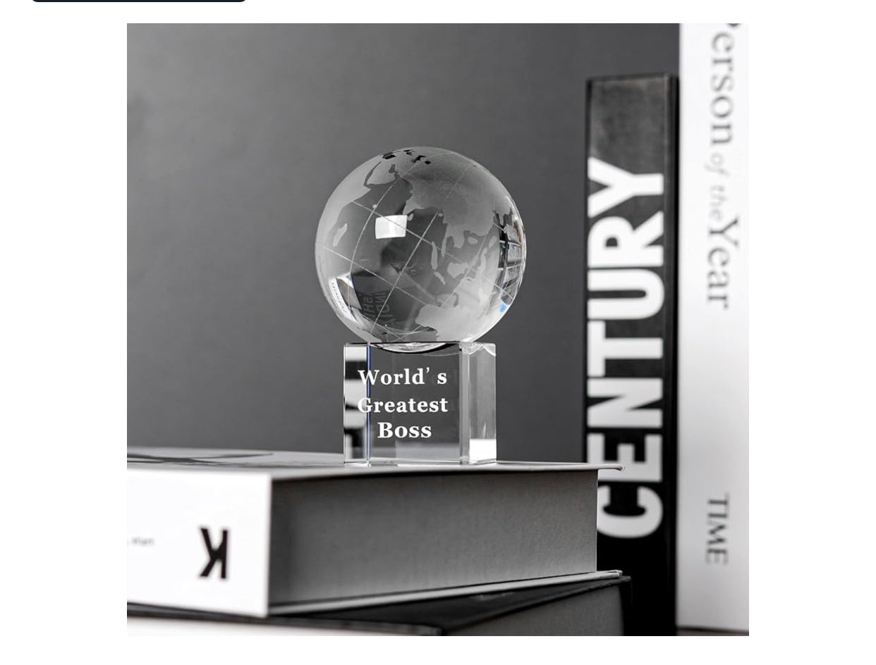 LONGWIN World's Greatest Boss 2.76" Crystal Globe Awards - Unique Gifts for Boss on Bosses Day, Birthday, Christmas, Thanks Giving Day